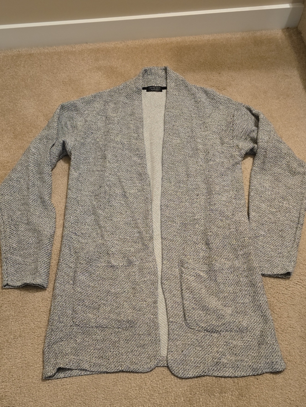 Zara Men Grey Marled Knit Open Front Longline Cardigan Size L